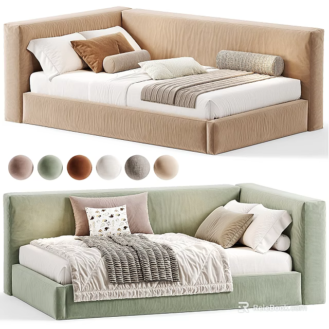 Children's Bed With Upholstered Headboard Multiple Color Options Soft Pillows And Cozy Blanket 3d model 