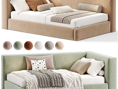 Children's Bed With Upholstered Headboard Multiple Color Options Soft Pillows And Cozy Blanket 3d model