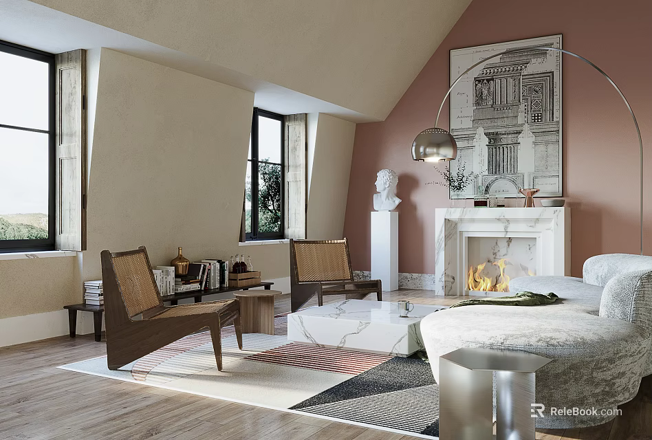 Modern Cozy Living Room Interior With Fireplace Sofa Armchairs And Geometric Rug 3d model 