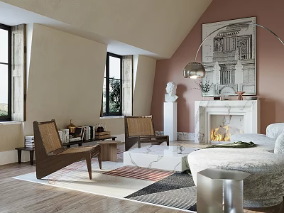 Modern Cozy Living Room Interior With Fireplace Sofa Armchairs And Geometric Rug 3d model