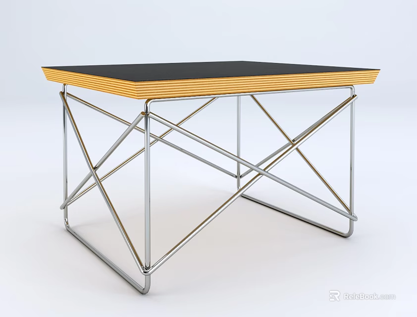 Modern Style Coffee Table With Black Top Wooden Edge And Metal Cross Legs 3d model 