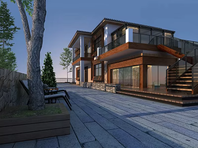 Modern Two Story Vacation Home With Wooden Structure Large Glass Windows And Stone Paved Courtyard 3d model
