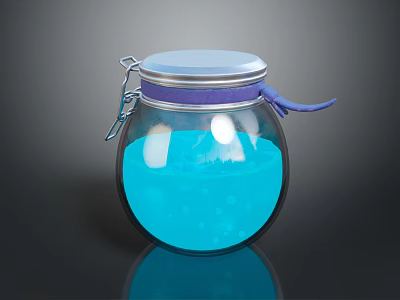 Transparent Round Spherical Glass Jar With Blue Liquid Silver Lid And Purple Ribbon 3d model