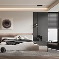 Modern Bedroom Interior With Queen Bed Circular Artwork Closet And Floor Lamp 3d model