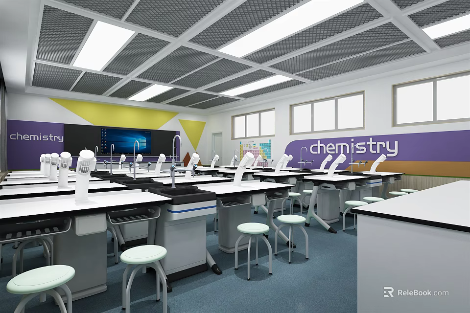 Modern Chemistry Laboratory Interior Design With Lab Tables Stools And Equipment 3d model