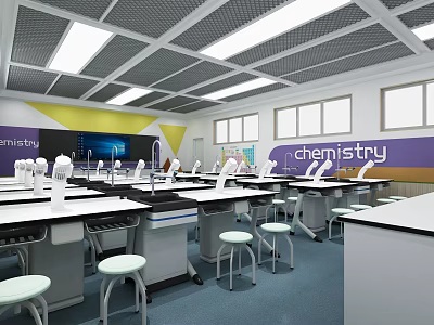 Modern Chemistry Laboratory Interior Design With Lab Tables Stools And Equipment 3d model