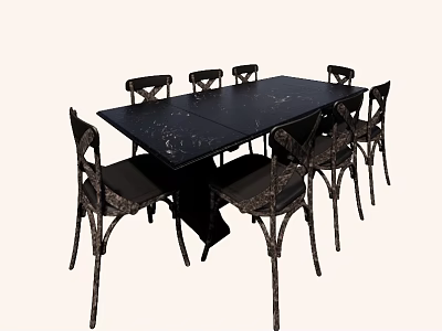 Modern Black Rectangular Dining Table Set With Metal Frame And Upholstered Seats Six Chairs 3d model