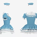Blue Sailor Style Dress With White Bow Tie Ruffled Sleeves And Pleated Skirt Design