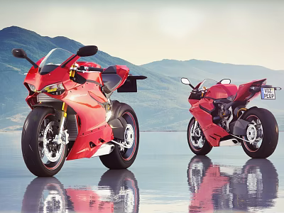 Two Red Sleek Motorcycles With Mountain Backdrop And Water Surface Reflections 3d model