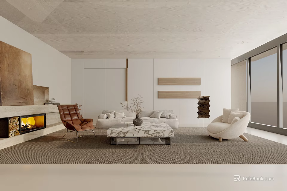 Modern Living Room Interior Design With Marble Coffee Table Leather Chairs And White Sofa 3d model 