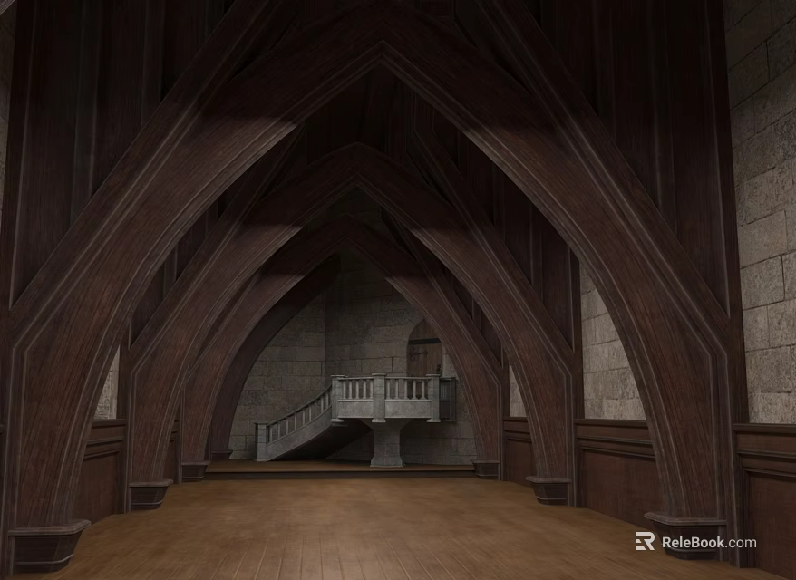 Religious Sacred Space with Arched Wooden Structures Stone Walls Wooden Flooring and Staircase Design 3d model 