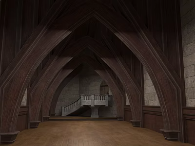 Religious Sacred Space with Arched Wooden Structures Stone Walls Wooden Flooring and Staircase Design 3d model