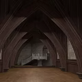 Religious Sacred Space with Arched Wooden Structures Stone Walls Wooden Flooring and Staircase Design