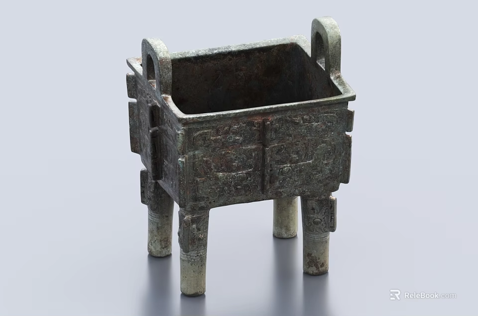 Ancient Style Ceramic Vessel With Square Body Intricate Carvings And Four Legs 3d model 
