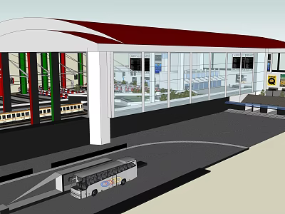 Modern Transportation Hub with Red White Roof Glass Facade Train and Bus 3d model