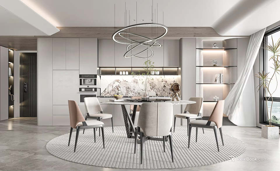 Modern Restaurant Interior With Round Dining Table Chairs And Hanging Chandelier 3d model 