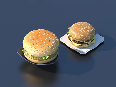 Fresh Juicy Hamburgers With Sesame Seed Buns On Black And White Plates 3d model