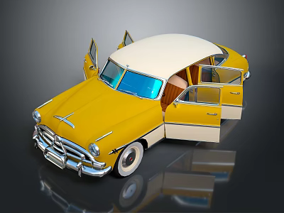 Vintage Yellow Car Model With Open Doors And White Roof Interior 3d model