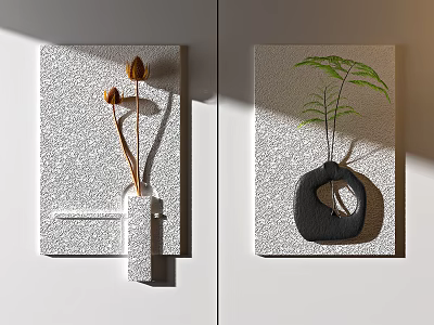 Wall Decor with Brown Dried Flowers and Green Plants on White Textured Background 3d model