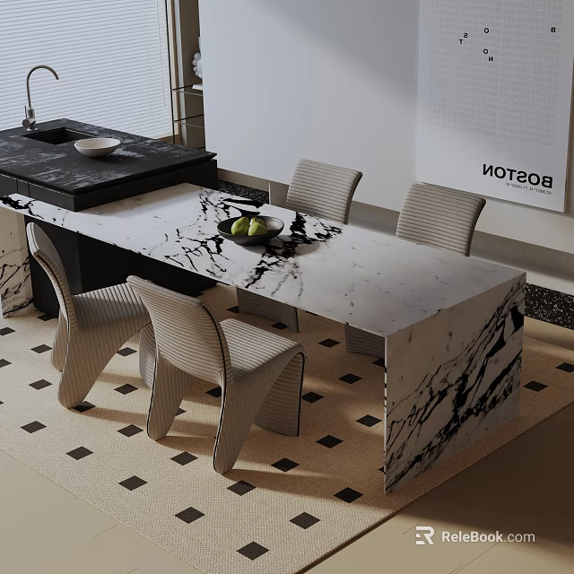 Dining Table Set With Marble Top Four Chairs Black Counter Island Wall Art And Black And White Checkered Rug 3d model 
