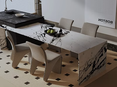 Dining Table Set With Marble Top Four Chairs Black Counter Island Wall Art And Black And White Checkered Rug 3d model