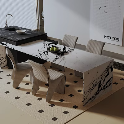 Dining Table Set With Marble Top Four Chairs Black Counter Island Wall Art And Black And White Checkered Rug 3d model