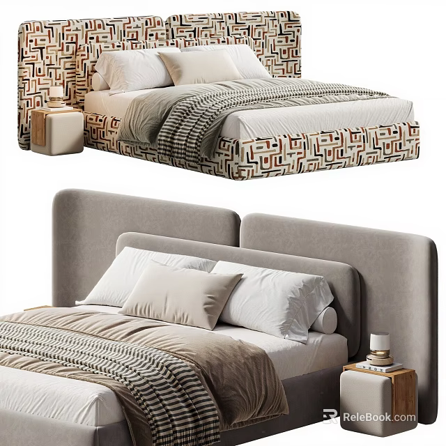 Modern Double Bed with Geometric Pattern Headboard Gray Upholstered Design and Pillows 3d model 