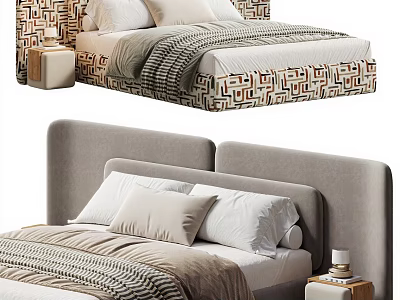 Modern Double Bed with Geometric Pattern Headboard Gray Upholstered Design and Pillows 3d model