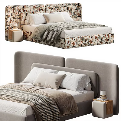 Modern Double Bed with Geometric Pattern Headboard Gray Upholstered Design and Pillows 3d model