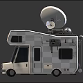 Detailed White RV Exterior View With Roof Satellite Dish And Mounted Equipment