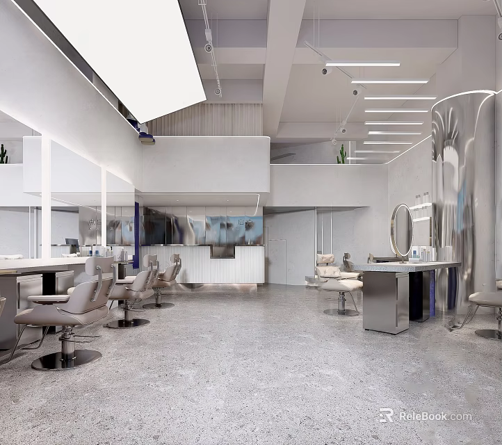 Modern Hair Salon Interior With Spacious Layout Barber Chairs Workstations Mirrors And Bright Lighting 3d model 