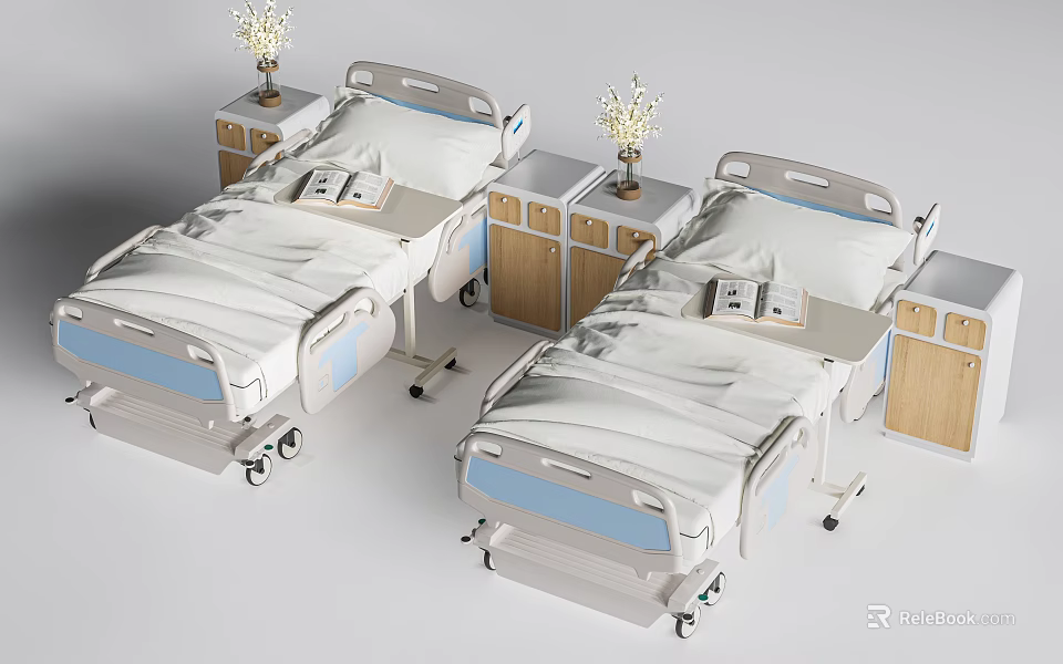 Medical Single Beds with Wooden Bedside Tables Vases White Sheets Blue Borders and Wheels 3d model 