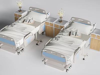 Medical Single Beds with Wooden Bedside Tables Vases White Sheets Blue Borders and Wheels 3d model