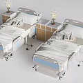 Medical Single Beds with Wooden Bedside Tables Vases White Sheets Blue Borders and Wheels