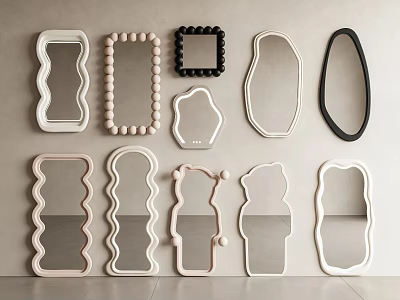 Various Shaped Decorative Mirrors With Unique Frame Designs On Wall 3d model