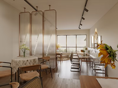 Modern Restaurant Interior With Sheer Curtains Large Windows Wooden Flooring And Sunflowers Decorations 3d model