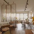 Modern Restaurant Interior With Sheer Curtains Large Windows Wooden Flooring And Sunflowers Decorations