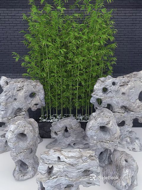 Natural Stone and Wood Decor with Green Bamboo Black Brick Wall and White Pebbles 3d model 