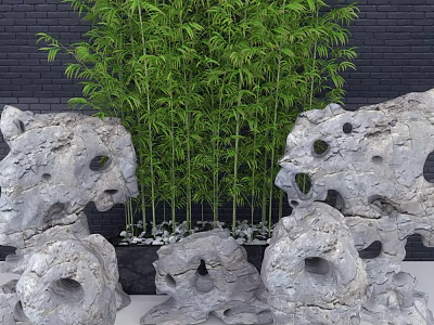 Natural Stone and Wood Decor with Green Bamboo Black Brick Wall and White Pebbles 3d model