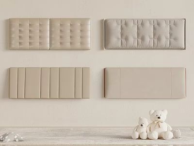 Beige Upholstered Headboards Arranged on Wall with Tabletop White Teddy Bears and Silver Decor 3d model
