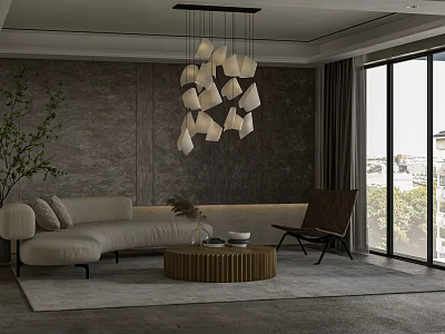 Modern Living Room With Beige Sofa Wooden Coffee Table White Shade Chandelier And Large Windows 3d model