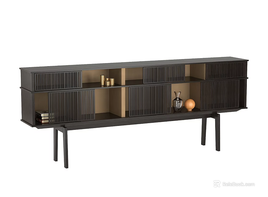 Stylish Black Modern TV Stand With Open Compartments And Decorative Ornaments 3d model 