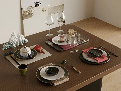 Elegant Tableware Set With Plates Bowls Wine Glasses On Wooden Dining Table 3d model