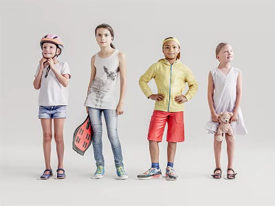 Four Kids In Different Outfits Posing Together 3d model