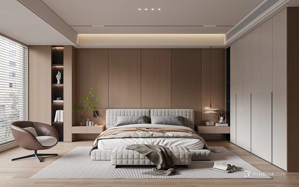 Modern Bedroom Interior With Wooden Panel Walls Accent Chair Area Rug And Recessed Lighting 3d model 