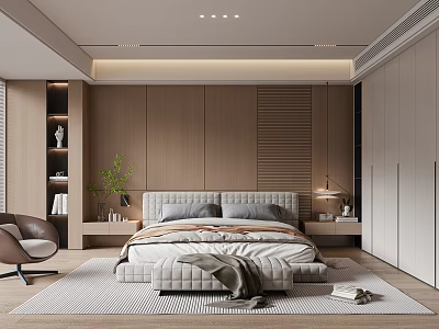 Modern Bedroom Interior With Wooden Panel Walls Accent Chair Area Rug And Recessed Lighting 3d model