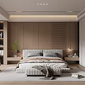 Modern Bedroom Interior With Wooden Panel Walls Accent Chair Area Rug And Recessed Lighting