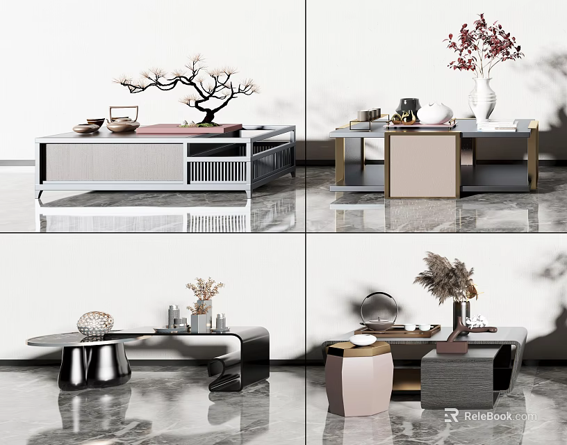 Modern Coffee Table Designs With Metal Frames And Stylish Decorative Items 3d model