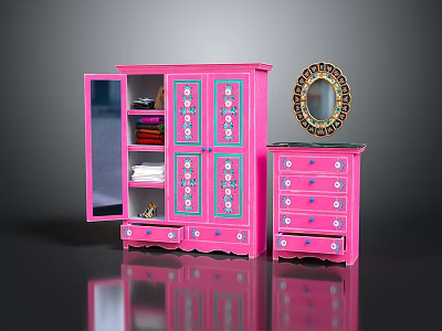 Pink Wardrobe With Open Door And Dresser Furniture Set Featuring Decorative Mirror And Drawers 3d model