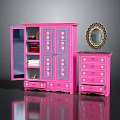 Pink Wardrobe With Open Door And Dresser Furniture Set Featuring Decorative Mirror And Drawers